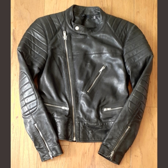 BLK DNM Leather Jacket Accordion Nehru Collar XS Padded Motorcyle Moto Chic - Picture 2 of 9